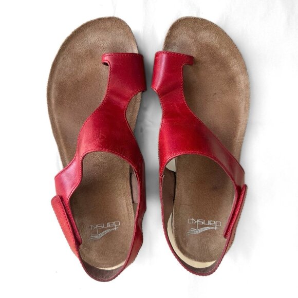 Dansko Red Leather Sandals Women 7 (37) Reece Toe Loop Cinnamon Adjustable Strap - Picture 1 of 8